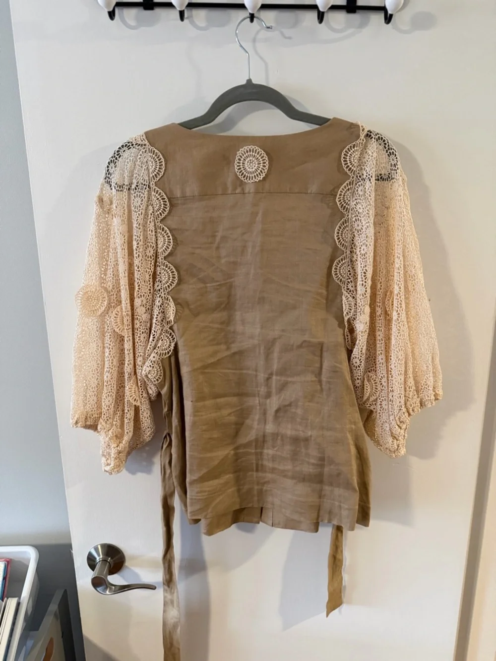 Tsunoda Paris Taupe Ramie Blouse | Cream Lace Balloon Sleeves | Size Large - Picture 4 of 4